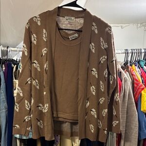 Vintage  Brown Leaf Cardigan Set